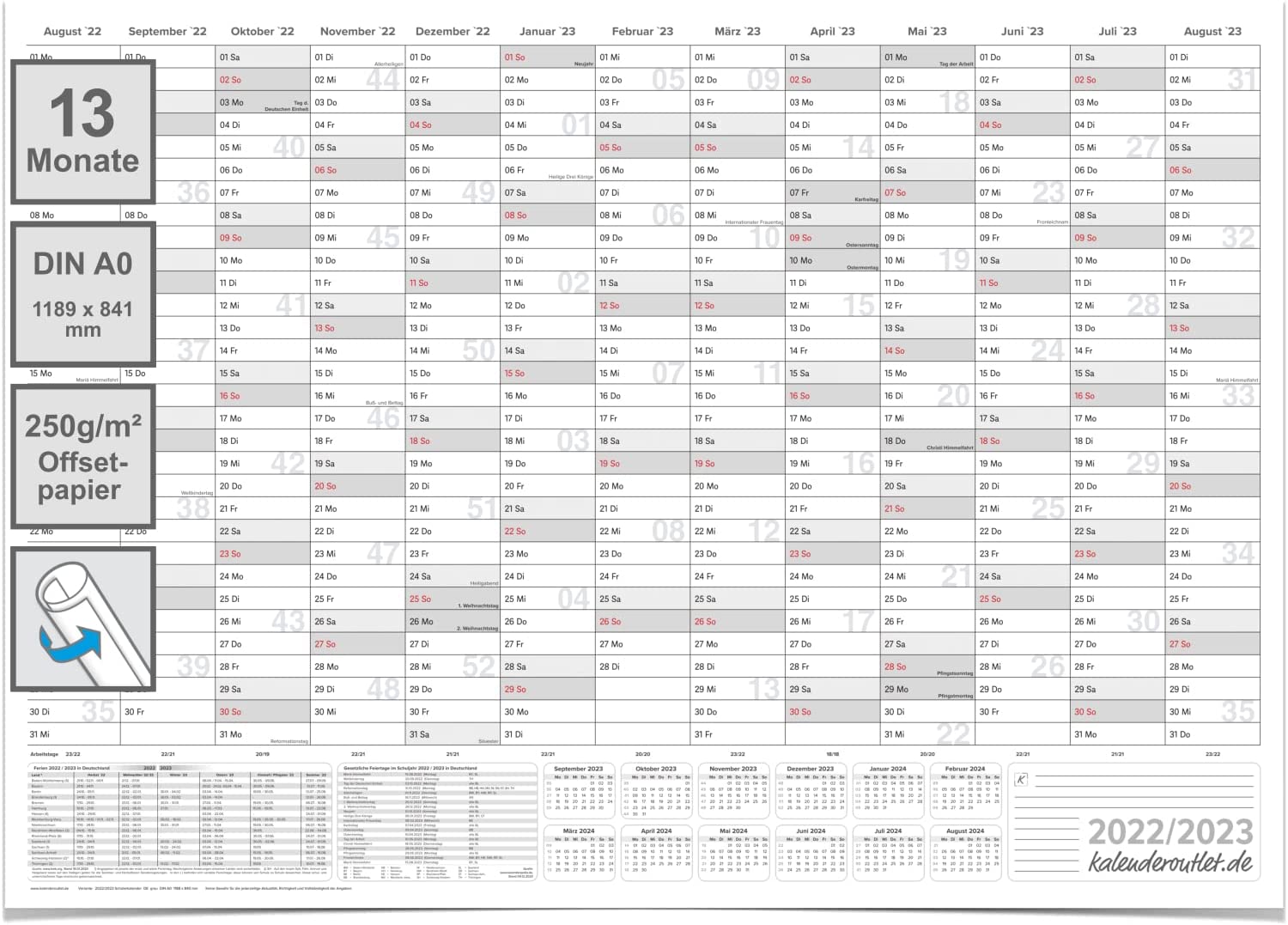 XL Schülerkalender 2022/2023 Jahresplaner grau Format: 118,8 x 84cm- DIN A0 - GEROLLT – Schuljahr 2022/23, Schuljahreskalender, Kalender für Schüler und Lehrer, Schulkalender Wandkalender - deutsch <ul><li>Grosser Schuljahresplaner 2022/2023 im XXL-Fo